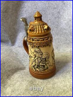 Vintage Original King German Lidded Beer Stein Knights Jousting Horse 3D Artwork