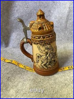 Vintage Original King German Lidded Beer Stein Knights Jousting Horse 3D Artwork