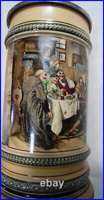 Vintage Ornate German Hand Painted Lidded Ceramic Pewter Beer Stein