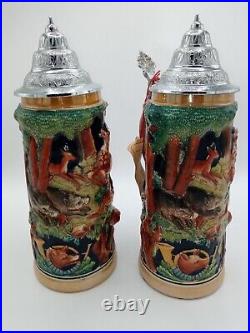 Vintage Pair 1960's German Beer Steins Fox Handles Wildlife Pewter Lid W Germany