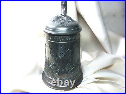 Vintage Pewter Art Nouveau Pewter Beer Stein Wheat & Hops c. 1930