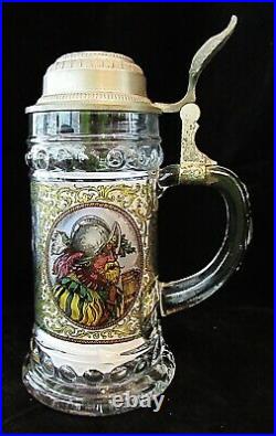 Vintage Pewter Lidded GLASS German Beer Stein #56 Ancient Gentry drink a brew