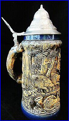 Vintage Pewter Lidded German Beer Stein #64 Fox Hunting, Fox figural on handle