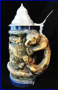 Vintage Pewter Lidded German Beer Stein #64 Fox Hunting, Fox figural on handle