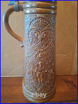 Vintage Tall Gerz German Lidded Beer Stein Graffen V Dhavn Family Crest Stone