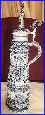 Vintage Thewalt Very Large German Cobalt Stoneware Lid Beer Stein 1.75L 19 Tall