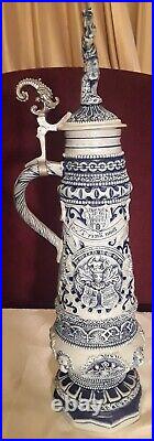 Vintage Thewalt Very Large German Cobalt Stoneware Lid Beer Stein 1.75L 19 Tall