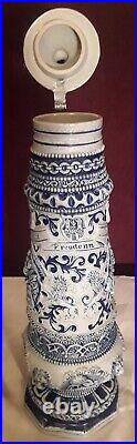 Vintage Thewalt Very Large German Cobalt Stoneware Lid Beer Stein 1.75L 19 Tall