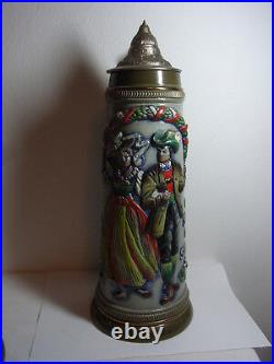 Vintage XL German 2 Liter Lidded Beer Stein Tin Top Bavaria Couple #^