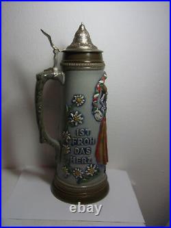 Vintage XL German 2 Liter Lidded Beer Stein Tin Top Bavaria Couple #^