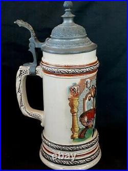 Vintage ca. 1940' German hand painted lidded porcelain beer stein bierkrug
