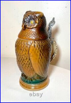 Vintage hand painted owl form German porcelain pottery lidded beer stein mug