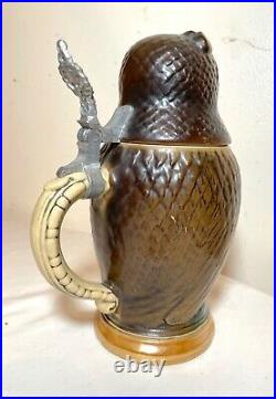 Vintage hand painted owl form German porcelain pottery lidded beer stein mug