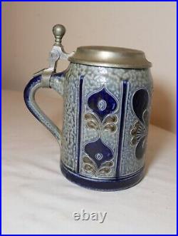 Vintage handmade pottery handarbeit German blue white presentation beer stein
