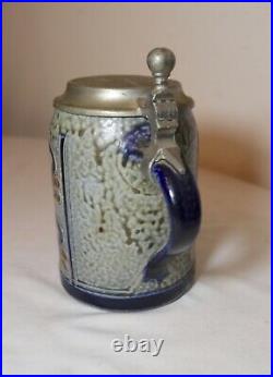 Vintage handmade pottery handarbeit German blue white presentation beer stein