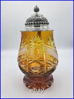 Vtg Bayern W. German Lead Crystal Cut to Clear Amber Glass Beer Stein Pewter Lid