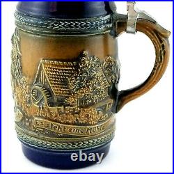 Vtg DBGM German Beer Stein Pewter Lid Cobalt with Brown Couple Cottage Deer 66