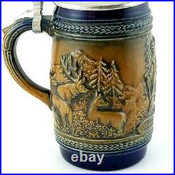 Vtg DBGM German Beer Stein Pewter Lid Cobalt with Brown Couple Cottage Deer 66
