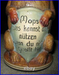 Vtg German lidded figural beer stein, brown pug dog w glasses, Mops was kannst