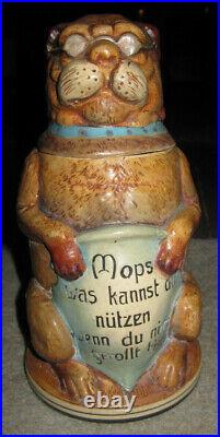 Vtg German lidded figural beer stein, brown pug dog w glasses, Mops was kannst