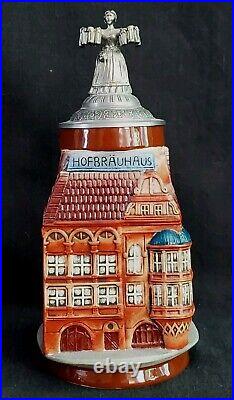 Vtg Hofbrauhaus Figural Architectural German Beer Stein Mug Tankard Lidded 9.5