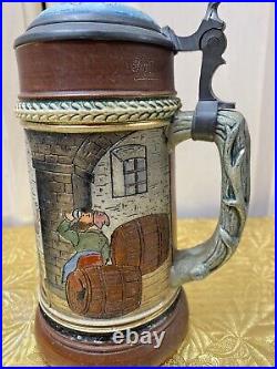 Vtg Pottery German Beer Stein LID Insert Incised Drink Among Barrels Scene 7 1/2