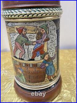 Vtg Pottery German Beer Stein LID Insert Incised Drink Among Barrels Scene 7 1/2