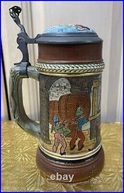 Vtg Pottery German Beer Stein LID Insert Incised Drink Among Barrels Scene 7 1/2