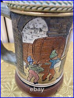 Vtg Pottery German Beer Stein LID Insert Incised Drink Among Barrels Scene 7 1/2