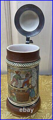 Vtg Pottery German Beer Stein LID Insert Incised Drink Among Barrels Scene 7 1/2