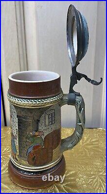 Vtg Pottery German Beer Stein LID Insert Incised Drink Among Barrels Scene 7 1/2