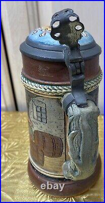 Vtg Pottery German Beer Stein LID Insert Incised Drink Among Barrels Scene 7 1/2