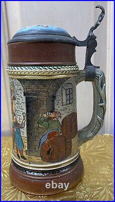 Vtg Pottery German Beer Stein LID Insert Incised Drink Among Barrels Scene 7 1/2