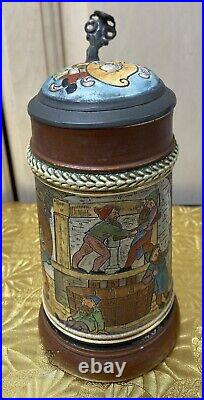 Vtg Pottery German Beer Stein LID Insert Incised Drink Among Barrels Scene 7 1/2